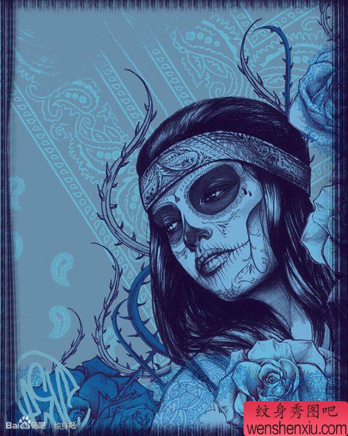 精美流行的一幅亡灵装美女纹身手稿