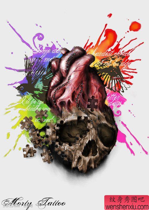 超帅很酷的一幅欧美骷髅与心脏纹身手稿