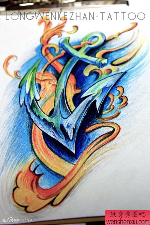 流行精美的一幅船锚纹身手稿