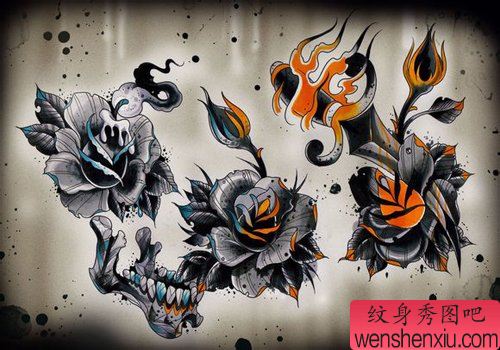 一组流行精美的玫瑰花纹身手稿