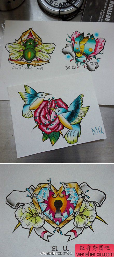一组精美流行的彩色爱心锁小鸟玫瑰纹身手稿