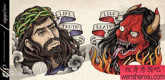 流行流行的一组耶稣与恶魔纹身手稿