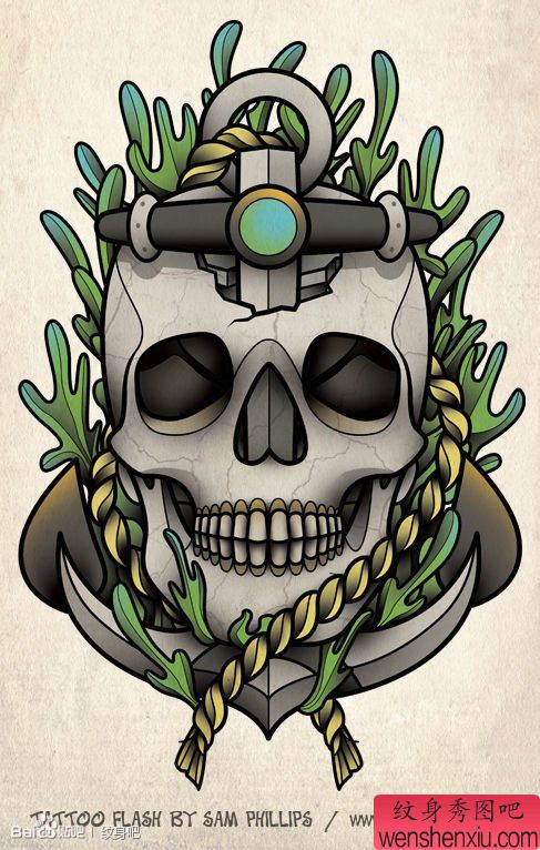 很酷帅气的一幅骷髅与船锚纹身手稿