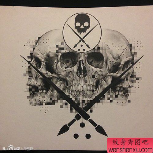 写实经典的一幅黑白骷髅纹身手稿