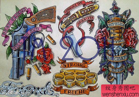 流行经典的一组匕首手枪纹身手稿