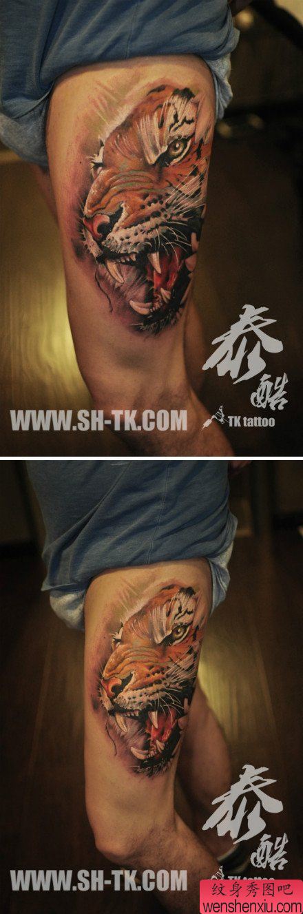 腿部流行很帅的虎头纹身图案