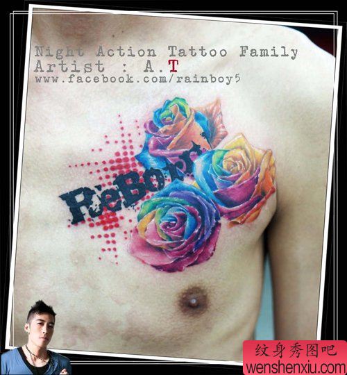 胸前精美的彩色玫瑰花纹身图案