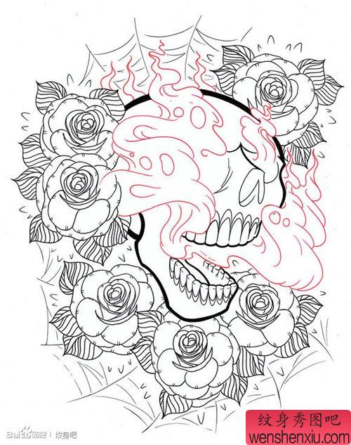 流行精美的一幅骷髅与玫瑰纹身手稿