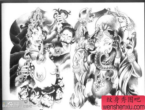 一幅经典流行的印度象神纹身手稿