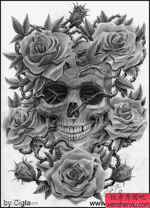 精美很酷的一幅黑白骷髅玫瑰花纹身图案