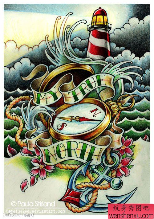 一幅流行经典的灯塔船锚指南针纹身手稿