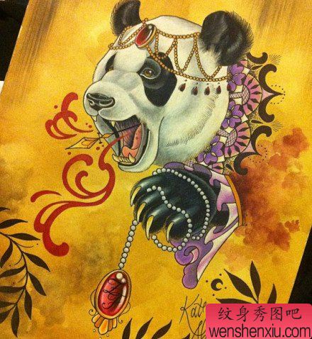 一幅经典流行的熊猫纹身图案