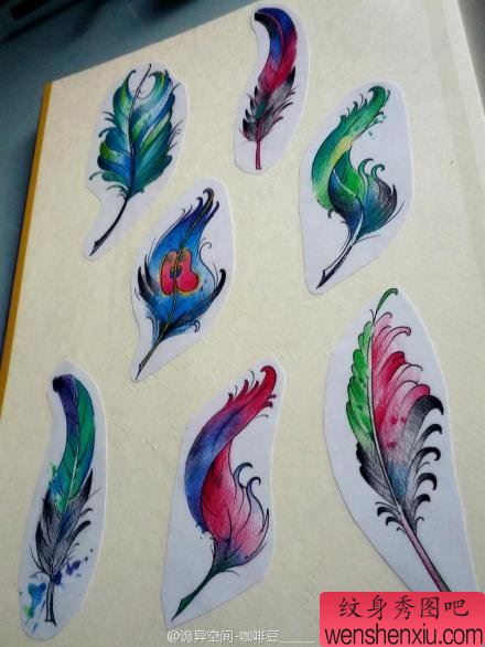 一组精美流行的彩色羽毛纹身图案
