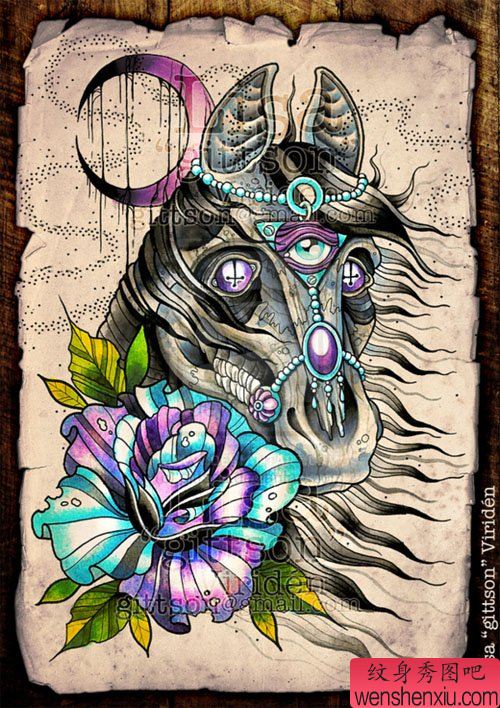 一幅很酷帅气的马纹身手稿