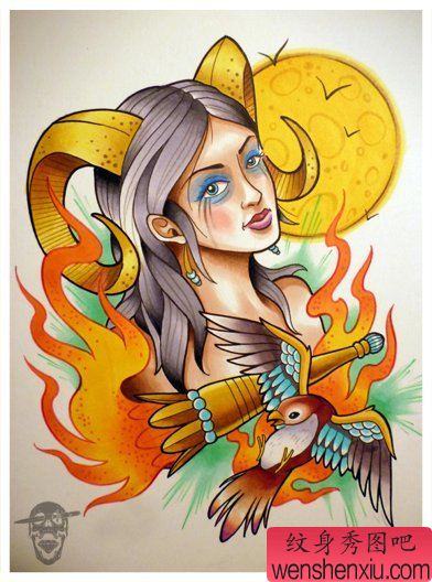 一幅漂亮流行的欧美美女纹身手稿