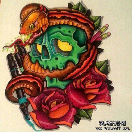 流行经典的一幅蛇与骷髅纹身手稿