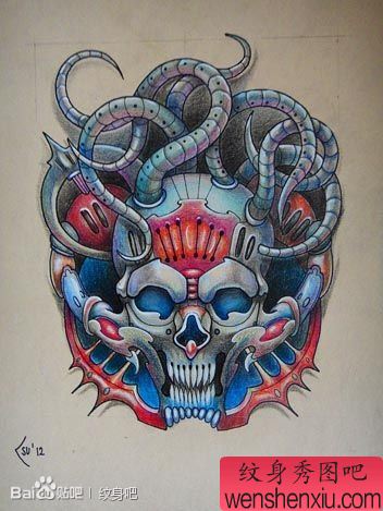 超酷很帅的一幅机械骷髅纹身手稿