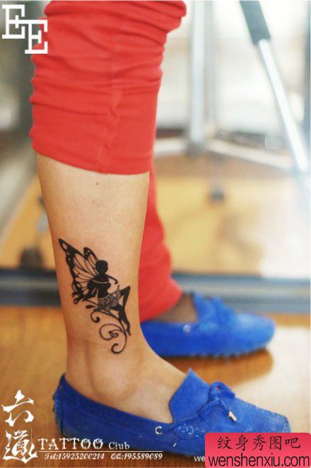 女生腿部流行经典的图腾精灵纹身图案