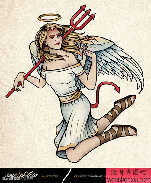 流行漂亮的一幅恶魔天使纹身图案