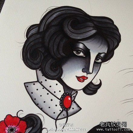 一幅简单漂亮的old school美女纹身手稿