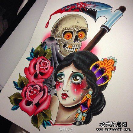 流行漂亮的school风格的骷髅与美女纹身图案