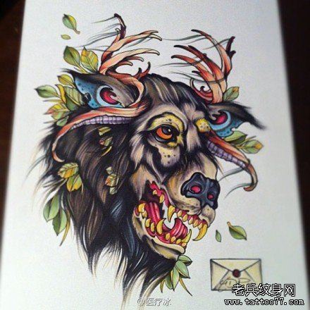 一幅school风格的羊头纹身手稿