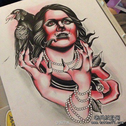 一幅流行经典的old school美女纹身手稿