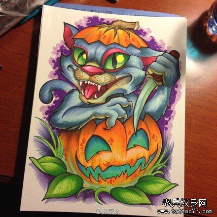 经典很酷的new school风格的猫咪纹身图案