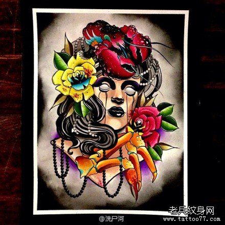 流行很酷的new school风格的美女纹身手稿