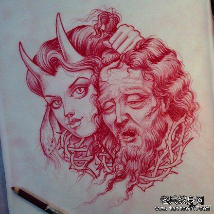 流行很酷的恶魔与耶稣纹身图案