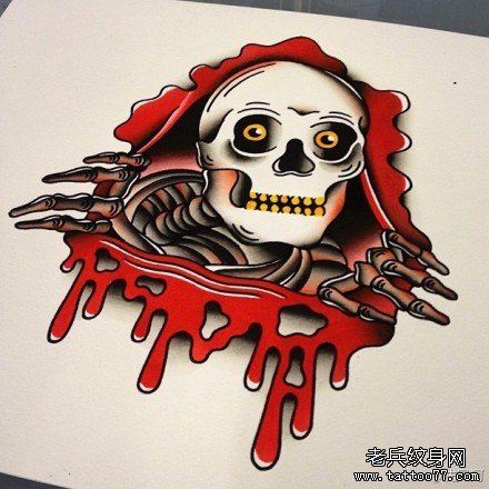 流行很酷的一幅撕皮骷髅纹身手稿