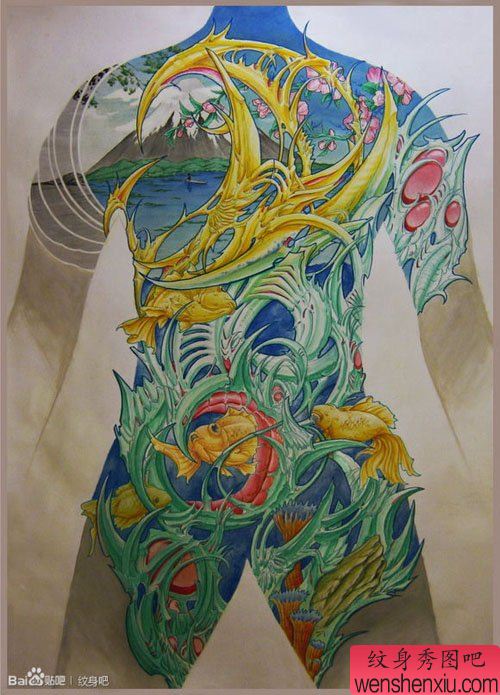 一幅超帅经典的满背3D纹身手稿