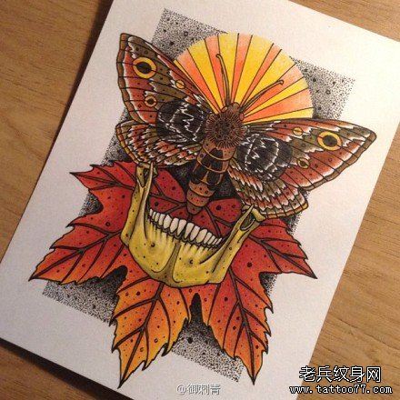流行流行的一幅蝴蝶骷髅枫叶纹身图案