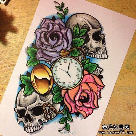 流行的new school骷髅玫瑰纹身手稿