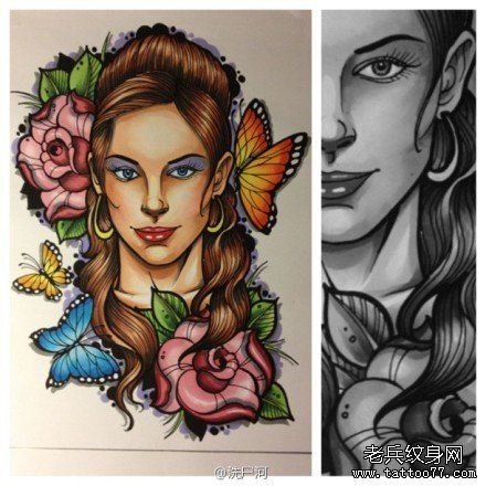 流行漂亮的一幅欧美new school美女纹身手稿