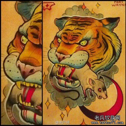 帅气很酷的new school虎头纹身图案