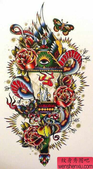 流行很帅的一幅new school蛇上帝之眼纹身手稿