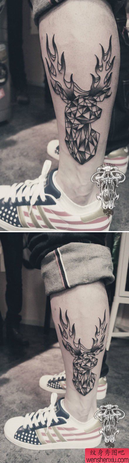 腿部经典流行的三角鹿纹身图案