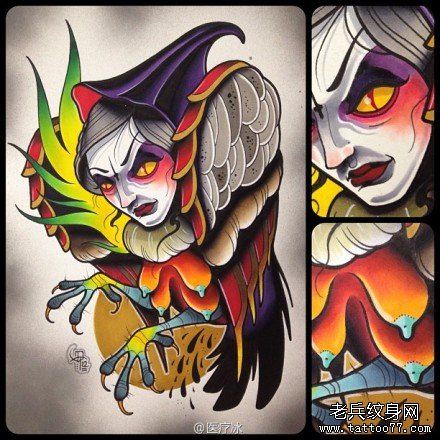 一幅另类很酷的人头猫头鹰纹身图案