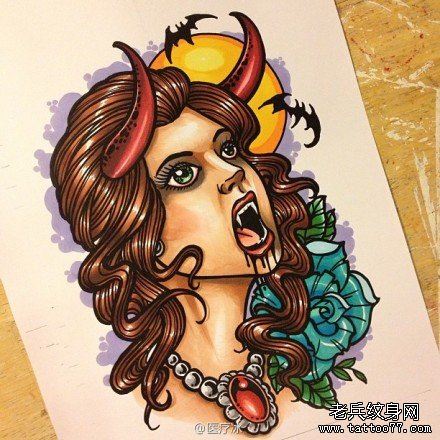 流行很酷的一幅吸血鬼美女纹身手稿