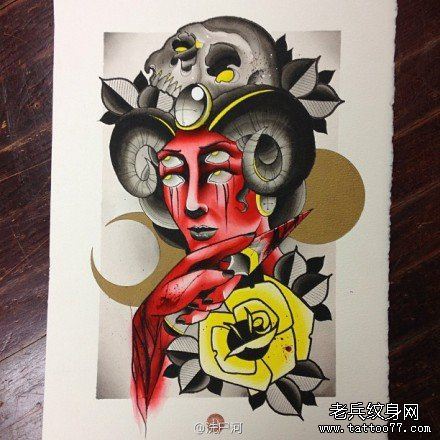 很帅经典的恶魔美女纹身手稿