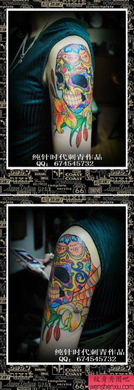 女生手臂很酷流行的骷髅纹身图案