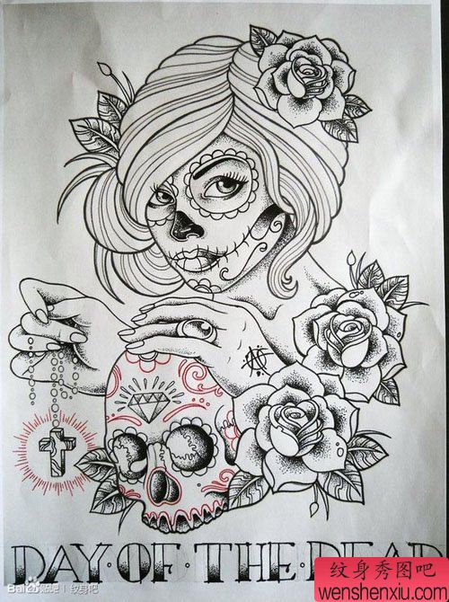 流行漂亮的一幅亡灵装美女纹身手稿