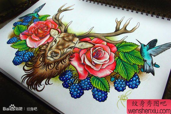 精美很帅的一幅麋鹿纹身手稿