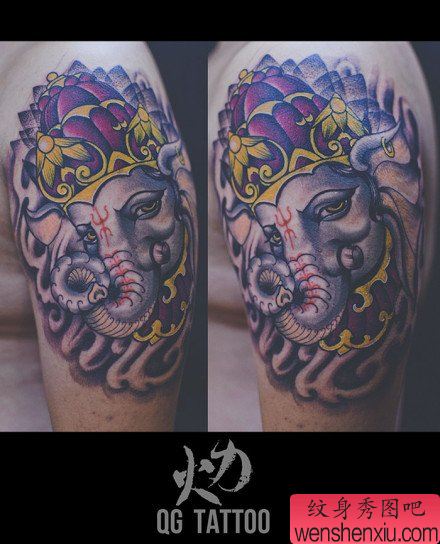 手臂流行很帅的象神纹身图案