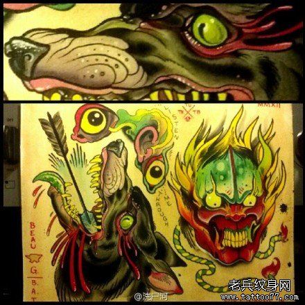 流行很帅的一组狼头与鬼头纹身手稿