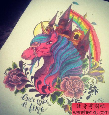 经典流行的一幅独角兽纹身手稿