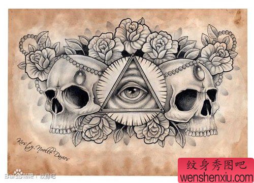 流行很帅的一幅上帝之眼骷髅纹身手稿