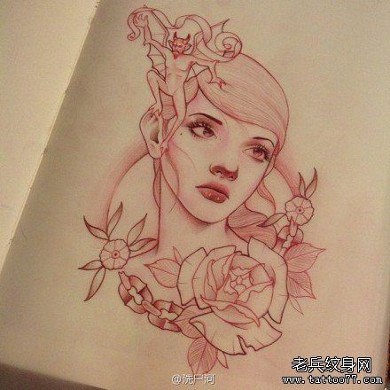 唯美漂亮的一幅美女纹身手稿