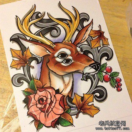 经典流行的一幅小鹿纹身手稿